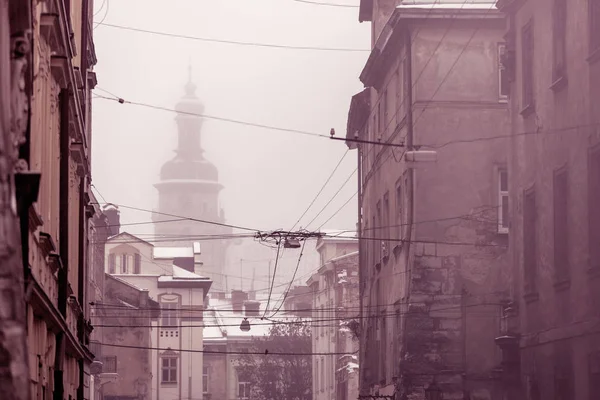 Zimowy monochromatyczny widok na centrum Lwowa, Ukraina — Zdjęcie stockowe