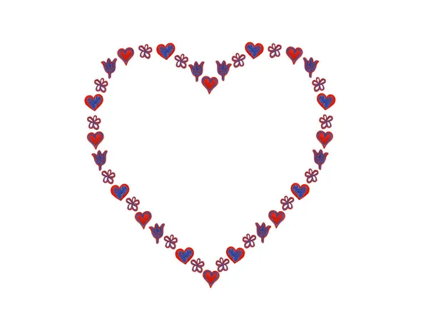 Frame of many small red and blue hearts and flowers — Stock Photo, Image