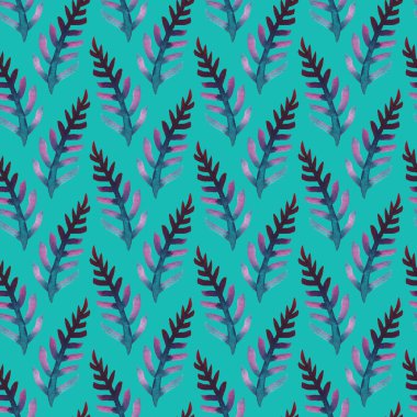 Watercolor seamless pattern with purple and turquoise leaves
