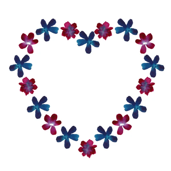 Moldura de coração feita de flores aquarela de turquesa e cores roxas — Fotografia de Stock