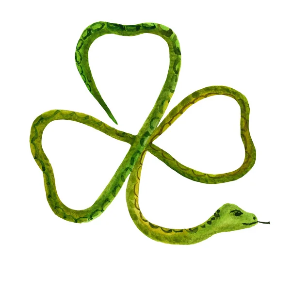Serpiente Verde Forma Trébol Ilustración Acuarela Dibujada Mano Elemento Divertido — Foto de Stock