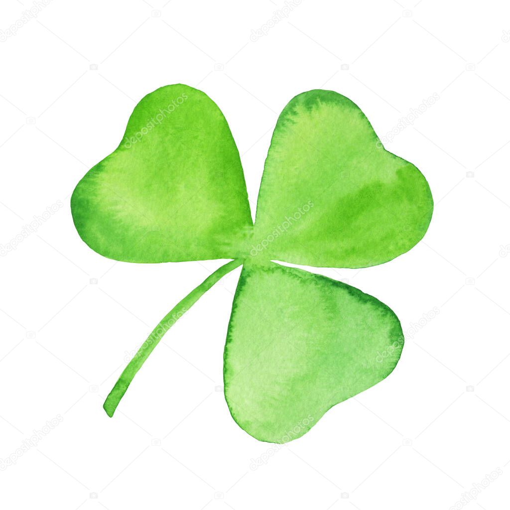 Fresh green watercolor shamrock. Hand-drawn clover illustration on a white background isolated. Decorative element for St. Patrick's Day design, for ecological, organic, floral design