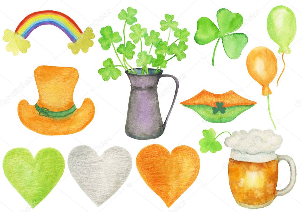 Set of elements with Irish national symbols. Shamrocks, hearts, beer, hat, rainbow, lips, balloons. Hand-drawn watercolor illustrations. Perfect for St. Patrick's Day celebration, textile, design