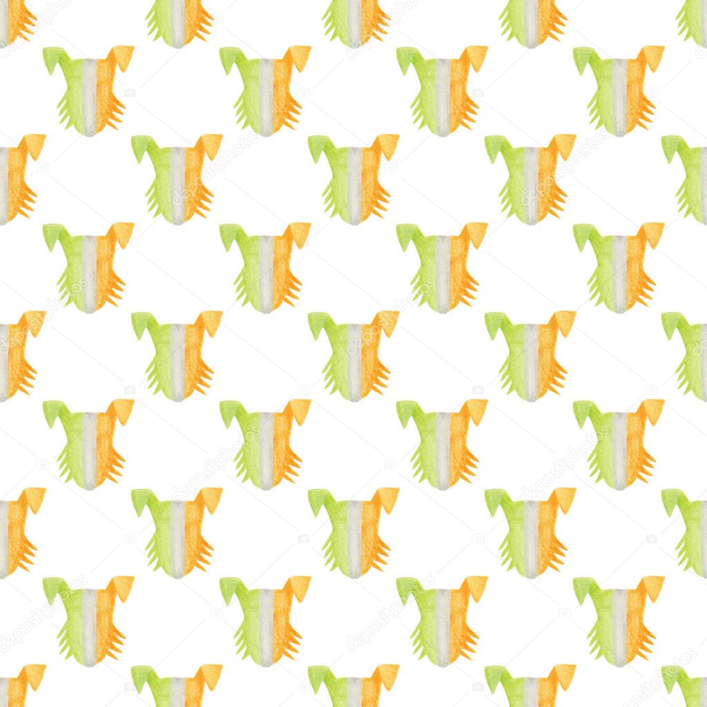 Dog head seamless pattern. Hand-drawn watercolor dogs in the colors of the Irish flag. Irish wolfhound. Background for the celebration of St. Patrick's Day, textile, wrapping paper, cards, posters