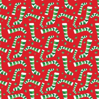Çoraplı ve yıldızlı şenliksiz desen. Beyaz ve yeşil çoraplar ve parlak kırmızı arka planda yeşil yıldızlar. Noel tasarımı, tekstil, ambalaj kağıdı, duvar kağıdı, Aziz Patrick Günü için mükemmel.