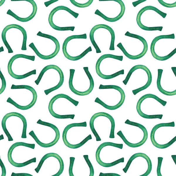 Seamless pattern with horseshoes. Watercolor emerald horseshoes on a white background. Abstract background.