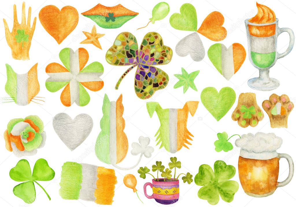 Big set for Happy Saint Patrick's Day celebration. Collection of elements with Irish national symbols and in the colors of the Irish flag. Hand-drawn watercolor illustrations.
