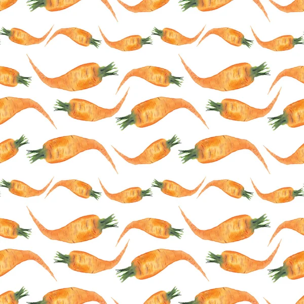 Carrot seamless pattern. Watercolor realistic illustration of an orange carrot, hand-drawn, on a white background. Vegeterian and vegan food background