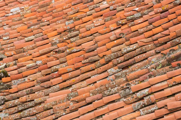 Tiled clay red roof. Medieval old roof with lichen. Clay tiles in a row. Tiled background. Building structure