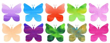 Kelebek silueti. Çok renkli parlak suluboya kelebekler. Elle çizilmiş illüstrasyon. Özgeçmiş, tasarım, davetiyeler, kartlar için elementler. Metin için boş yer