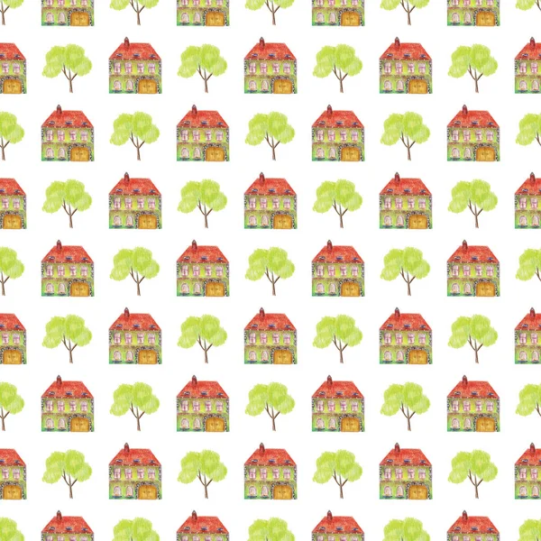 Seamless pattern of fairytale colored houses in medieval old European style. Multi-colored hand drawn with colored pencils illustration