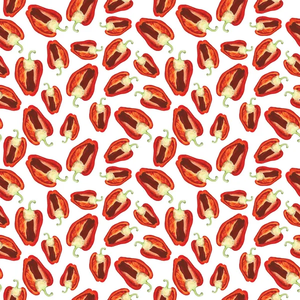 Vegetable Seamless Pattern Paprika Sliced Pepper White Background Watercolor Hand — Stock Photo, Image