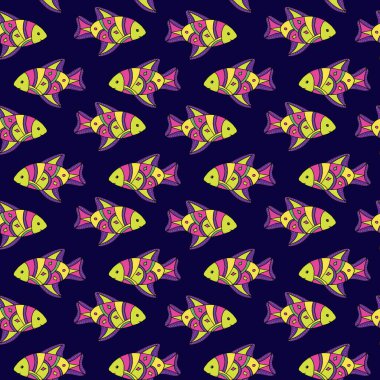 Şirin balıklarla kusursuz bir desen. Vektör elle çizilmiş illüstrasyon. Karalama tarzında parlak süs balığı. Deniz canlıları. Tekstil, kağıt, bebek ve çocuk giysileri, duvar kâğıdı için arka plan