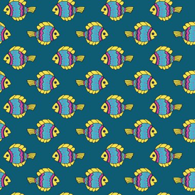 Şirin balıklarla kusursuz bir desen. Vektör elle çizilmiş illüstrasyon. Karalama tarzında parlak süs balığı. Deniz canlıları. Tekstil, kağıt, bebek ve çocuk giysileri, duvar kâğıdı için arka plan