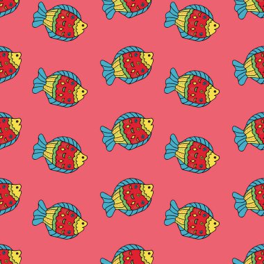 Şirin balıklarla kusursuz bir desen. Vektör elle çizilmiş illüstrasyon. Karalama tarzında parlak süs balığı. Deniz canlıları. Tekstil, kağıt, bebek ve çocuk giysileri, duvar kâğıdı için arka plan