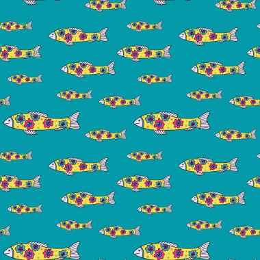 Şirin balıklarla kusursuz bir desen. Vektör elle çizilmiş illüstrasyon. Karalama tarzında çok renkli süs balığı. Deniz canlıları. Tekstil, kağıt, bebek ve çocuk giysileri, duvar kâğıdı için arka plan