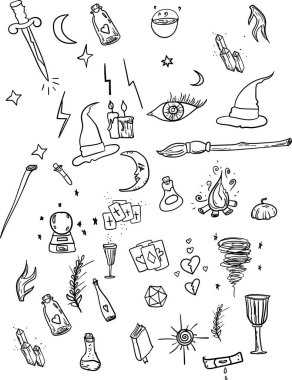 Sihirbaz Duddle ve simya alet kristali, kökler, iksir, tüy, şapka. Cadılar Bayramı büyü aletleri koleksiyonu. Beyaz arkaplanda elle çizilmiş vektör çizimi.