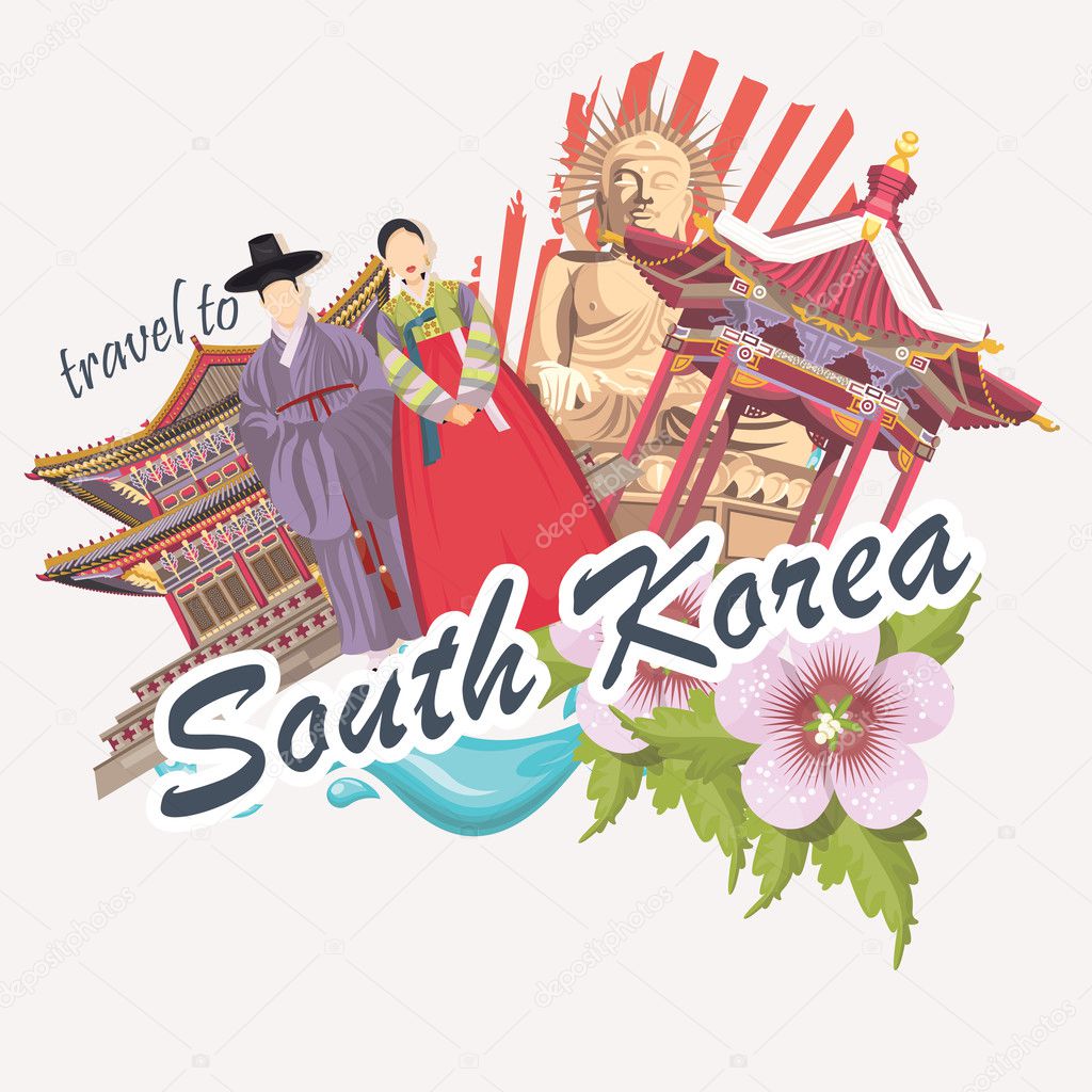 South Korea travel vector poster with pagodas and traditional signs