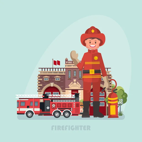 Vector illustration with firefighter. Modern flat design