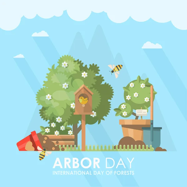 Arbor day vector flat illustration with tree and forest.