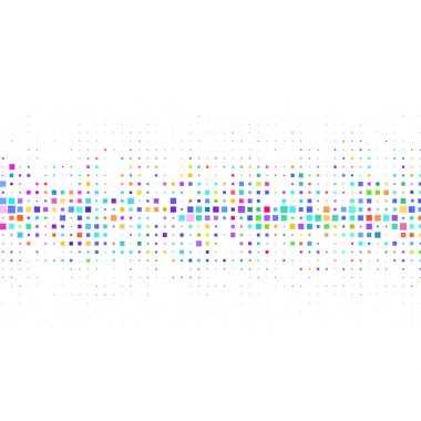 Beyaz arkaplanda renkli karelerle süslenmiş.