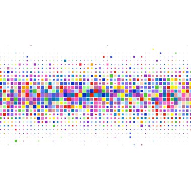 Beyaz arkaplanda renkli karelerle süslenmiş.