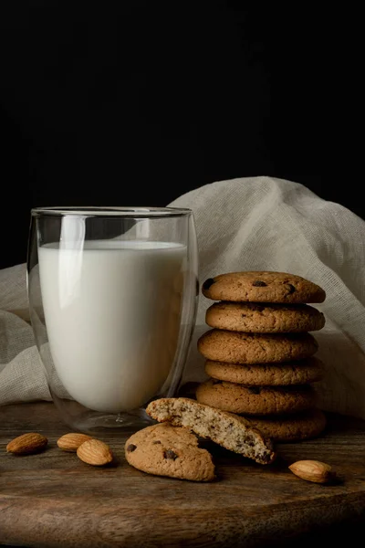 Oat Cookies Pieces Chocolate Almond Milk Glass Double Walls One — Stock Photo, Image