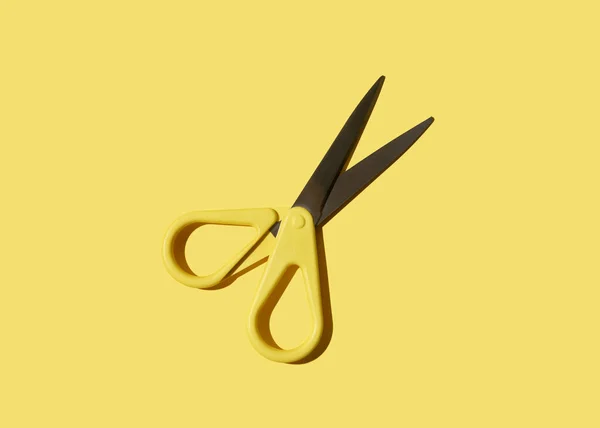Żółte nożyczki do papieru na żółtym tle płaski leżak — Zdjęcie stockowe