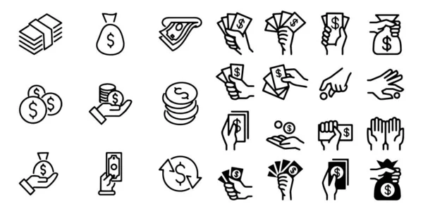 Conjunto simples de mão segurando dinheiro Ícones vetoriais — Vetor de Stock