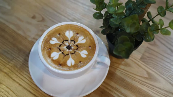 Caffè Cappuccino Caldo Caffetteria Sul Tavolo Legno — Foto Stock