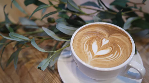 Café Cappuccino Chaud Dans Café Sur Une Table Bois — Photo