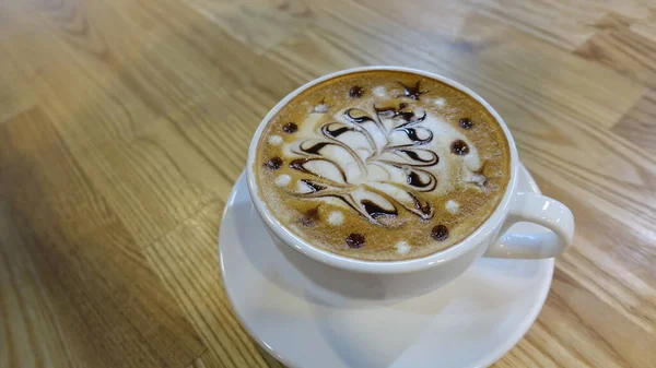 Caffè Cappuccino Caldo Caffetteria Sul Tavolo Legno — Foto Stock