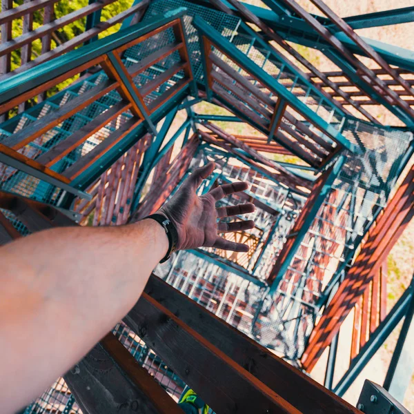 Hand Starching Forest Fire Watch Tower Tall Architectural Steel Lookout — Stock Photo, Image