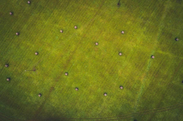 Вид Повітря Зелене Поле Рулонами Тюка Зверху — стокове фото