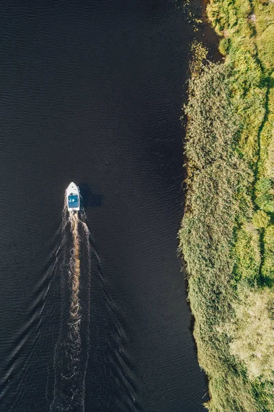 Luftaufnahme Auf Grünen Waldbäumen Und Fluss Mit Boot Natur Textur — Stockfoto