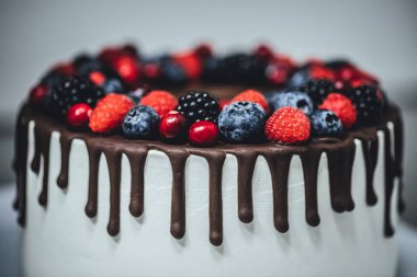 Çikolata kaplı ve dutlu beyaz pasta, yakın plan doğum günü pastası.