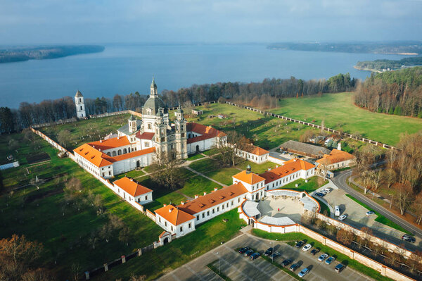 Aerial view on Pazaislis Monastery in Kaunas, Lithuania. Sunny autumn day.