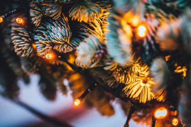 Noel ağacı ışıkları ve süslemeleri yakın plan, tatil sezonu geçmişi.