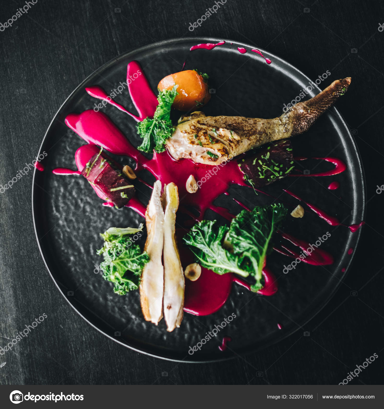 Michelin Restaurant Serving Organic Duck Meat Kale Beet Puree Dark