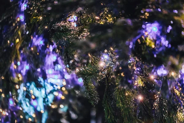 Julgran Med Glödande Ljus Stad Semester — Stockfoto
