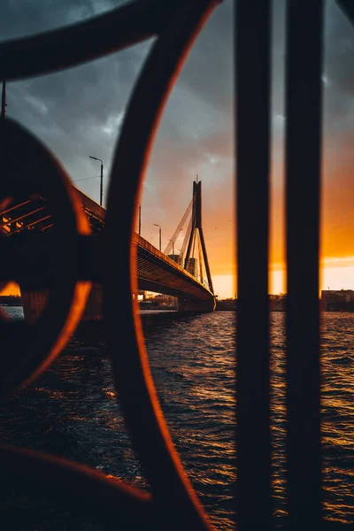 Pont Vansu Riga Pont Haubans Traverse Rivière Daugava Dans Temps — Photo