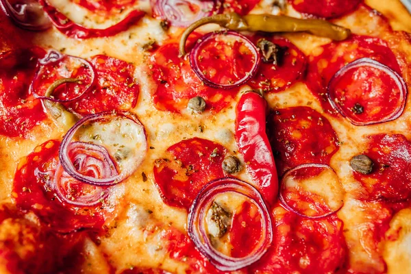 Pizza Nahsicht Lebensmittel Hintergrund — Stockfoto