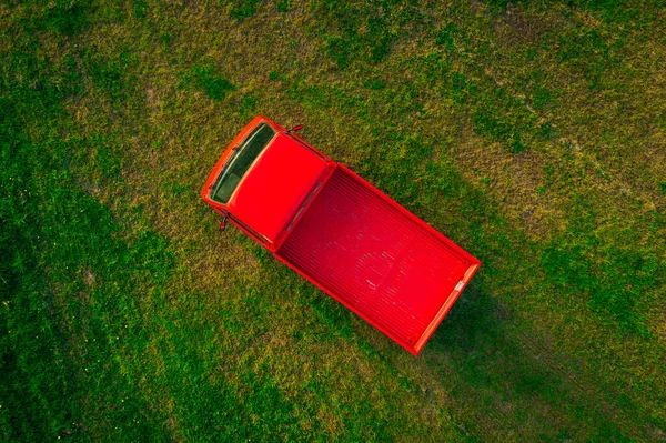Aerial View Classic Red Pickup Truck Green Farm Land Field — Stock Photo, Image