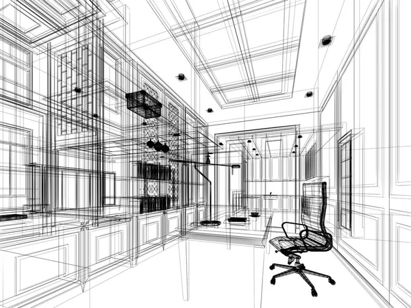 Projeto do esboço da sala de trabalho, renderização do quadro 3dwire — Fotografia de Stock