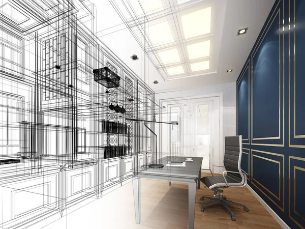 Skizze Entwurf des Arbeitszimmers, 3dwire frame render — Stockfoto