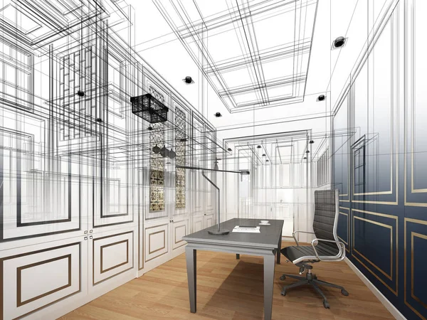 Schets ontwerp van de werkruimte, 3dwire frame render — Stockfoto
