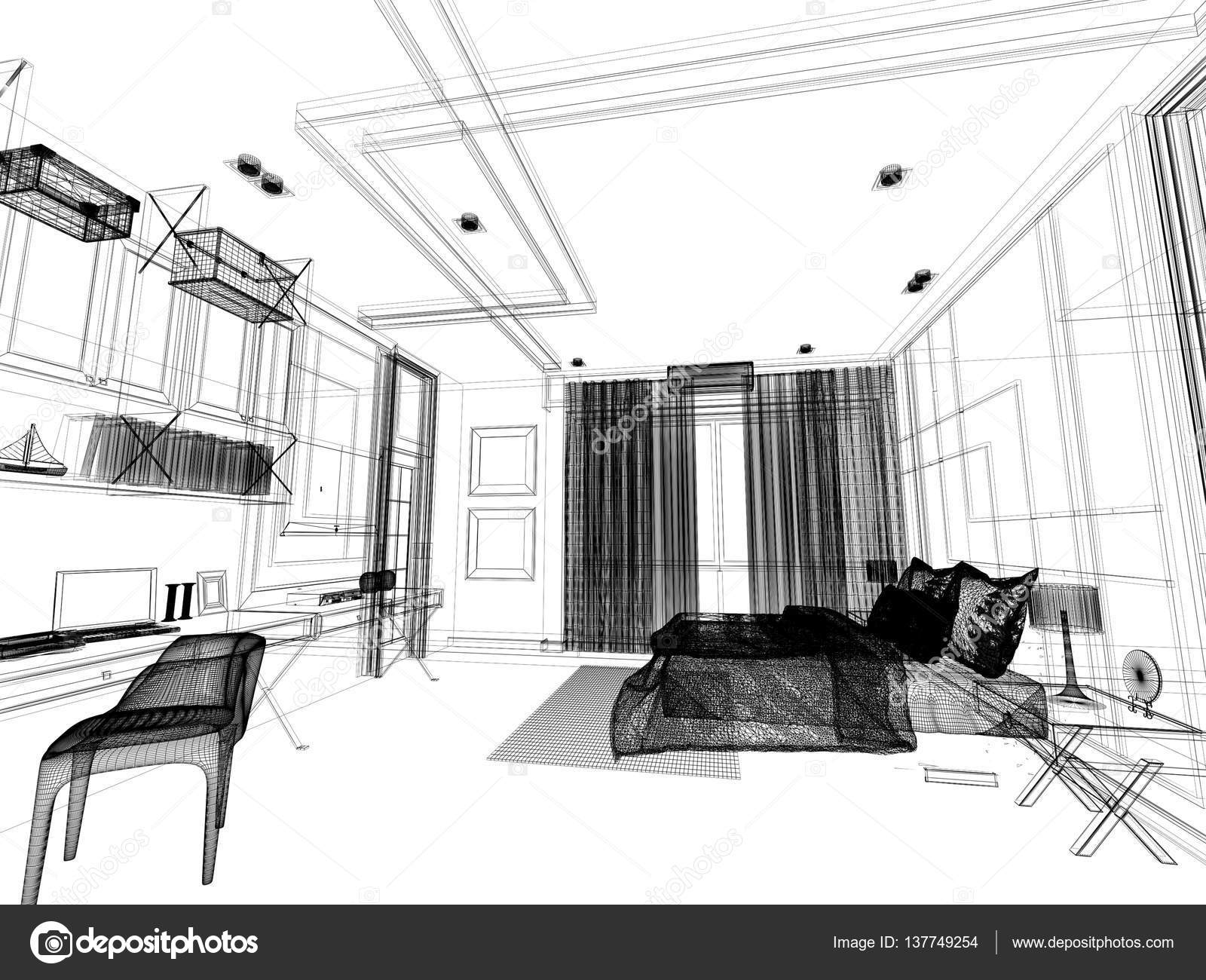 Abstract Sketch Design Of Interior Bedroom 3d Rendering