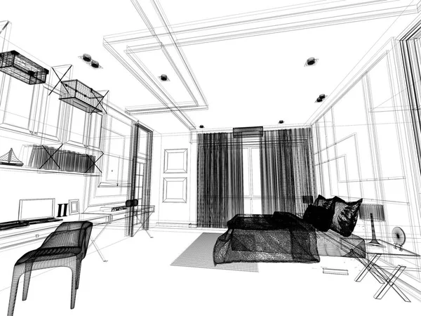 Disegno schizzo astratto della camera da letto interna, rendering 3d — Foto Stock