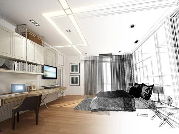 Abstract sketch design of interior bedroom,3d rendering — Stock Photo, Image