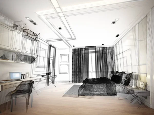 Disegno schizzo astratto della camera da letto interna, rendering 3d — Foto Stock